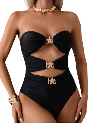 Milumia Women's Metal Starfish Cut Out Strapless Bathing Suit Ruched Bandeau Tube Top One Piece Swimsuits
