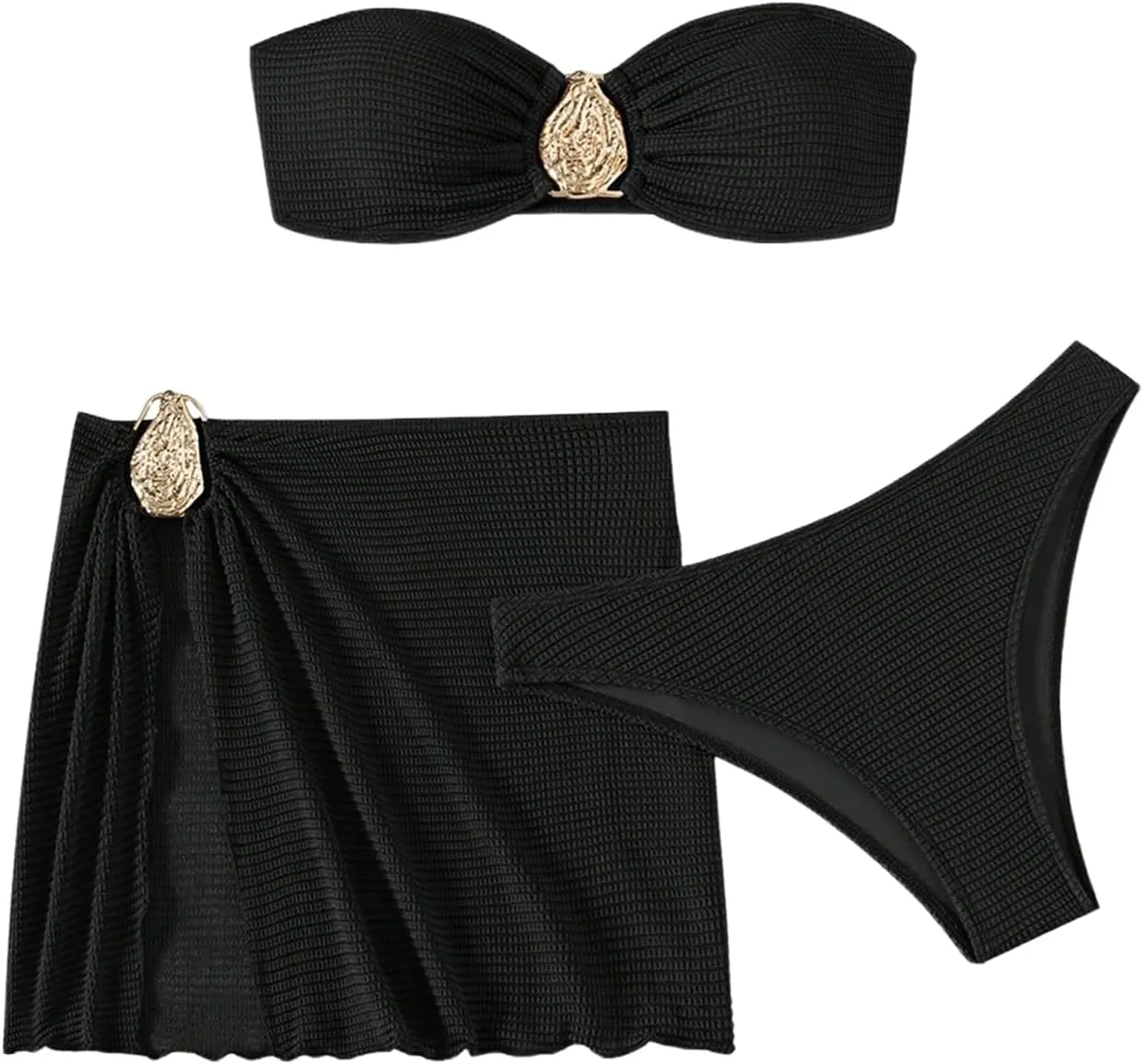 Milumia Women's Metal Textured 3 Piece Swimsuit Strapless Bandeau Bikini Set with Coverup Bathing Suit