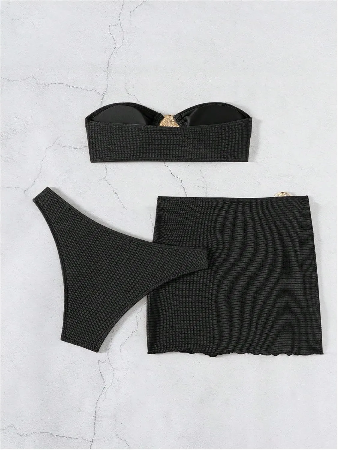 Milumia Women's Metal Textured 3 Piece Swimsuit Strapless Bandeau Bikini Set with Coverup Bathing Suit