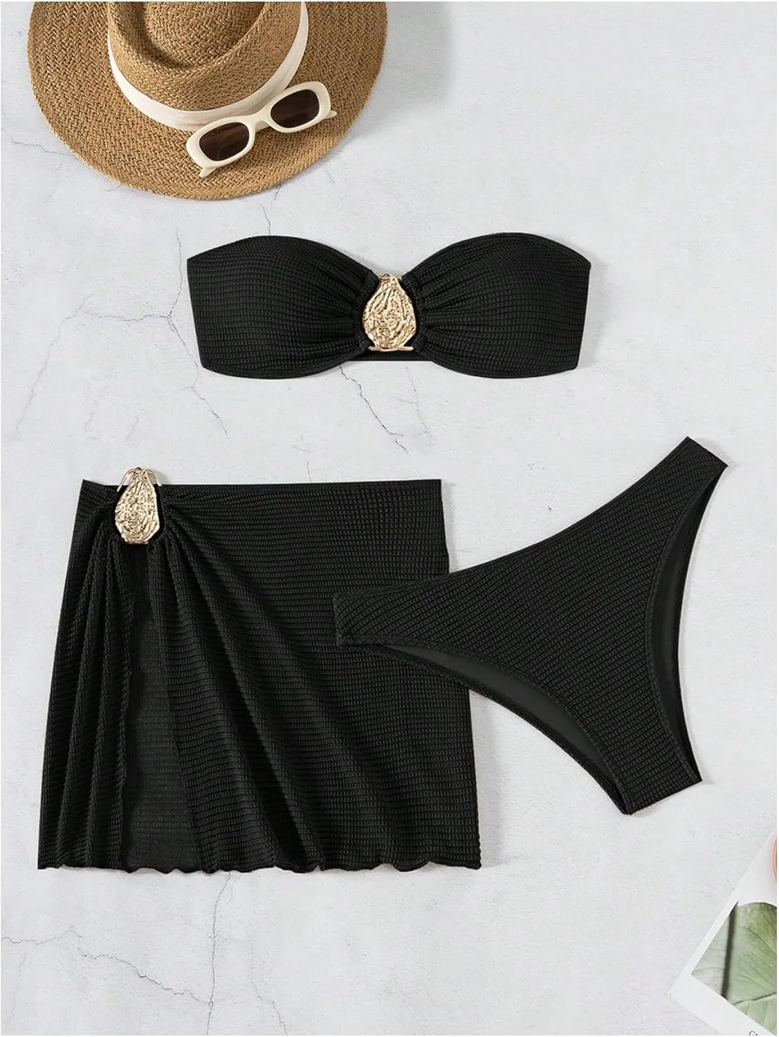 Milumia Women's Metal Textured 3 Piece Swimsuit Strapless Bandeau Bikini Set with Coverup Bathing Suit