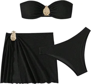 Milumia Women's Metal Textured 3 Piece Swimsuit Strapless Bandeau Bikini Set with Coverup Bathing Suit