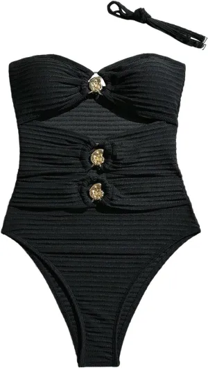 Milumia Women's One Piece Cut Out Ring Swimsuit Bandeau Textured Bathing Suit with Straps