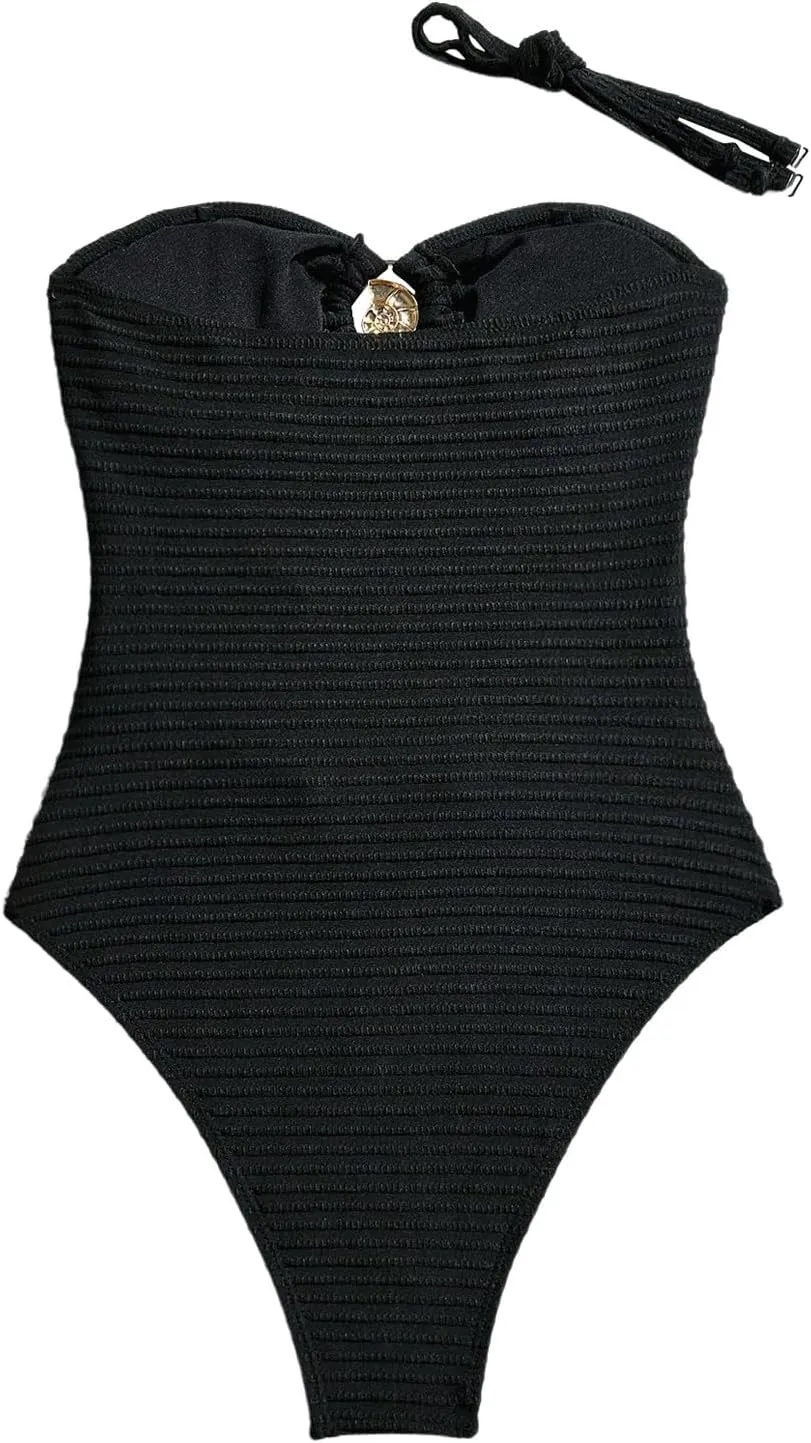 Milumia Women's One Piece Cut Out Ring Swimsuit Bandeau Textured Bathing Suit with Straps