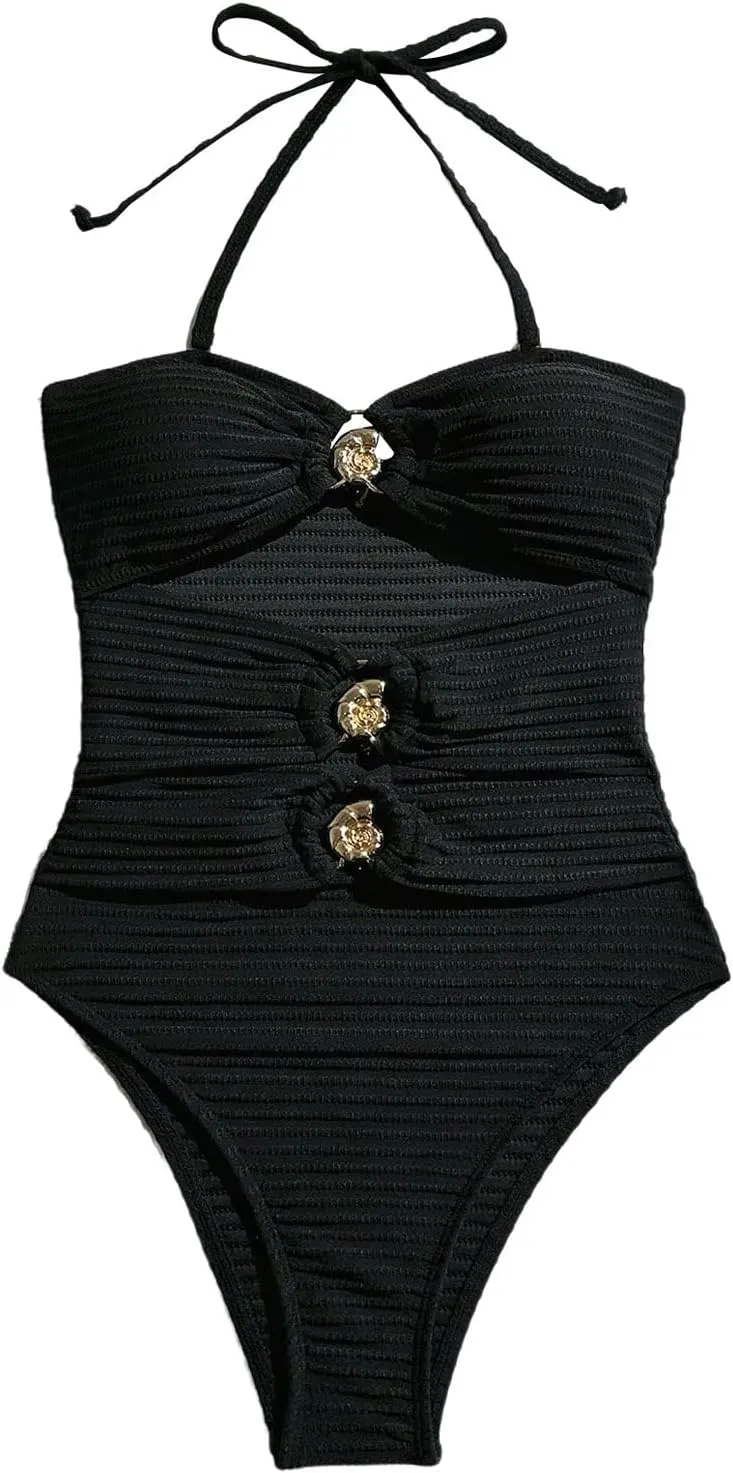 Milumia Women's One Piece Cut Out Ring Swimsuit Bandeau Textured Bathing Suit with Straps