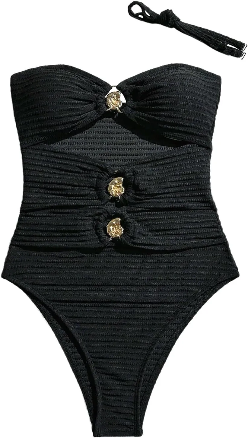 Milumia Women's One Piece Cut Out Ring Swimsuit Bandeau Textured Bathing Suit with Straps