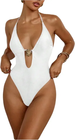 Milumia Women's One Piece Metal Cut Out Halter Swimsuit Sexy Deep V Neck Open Back Swimwear