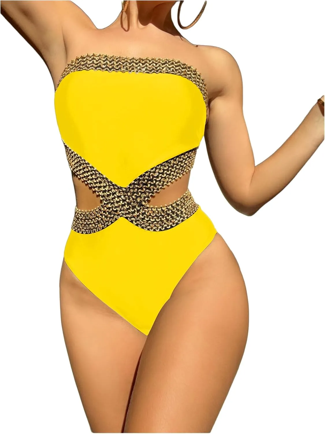 Milumia Women's Stitch Detail Strapless One Piece Swimsuit Cut Out Bandeau Bathing Suit