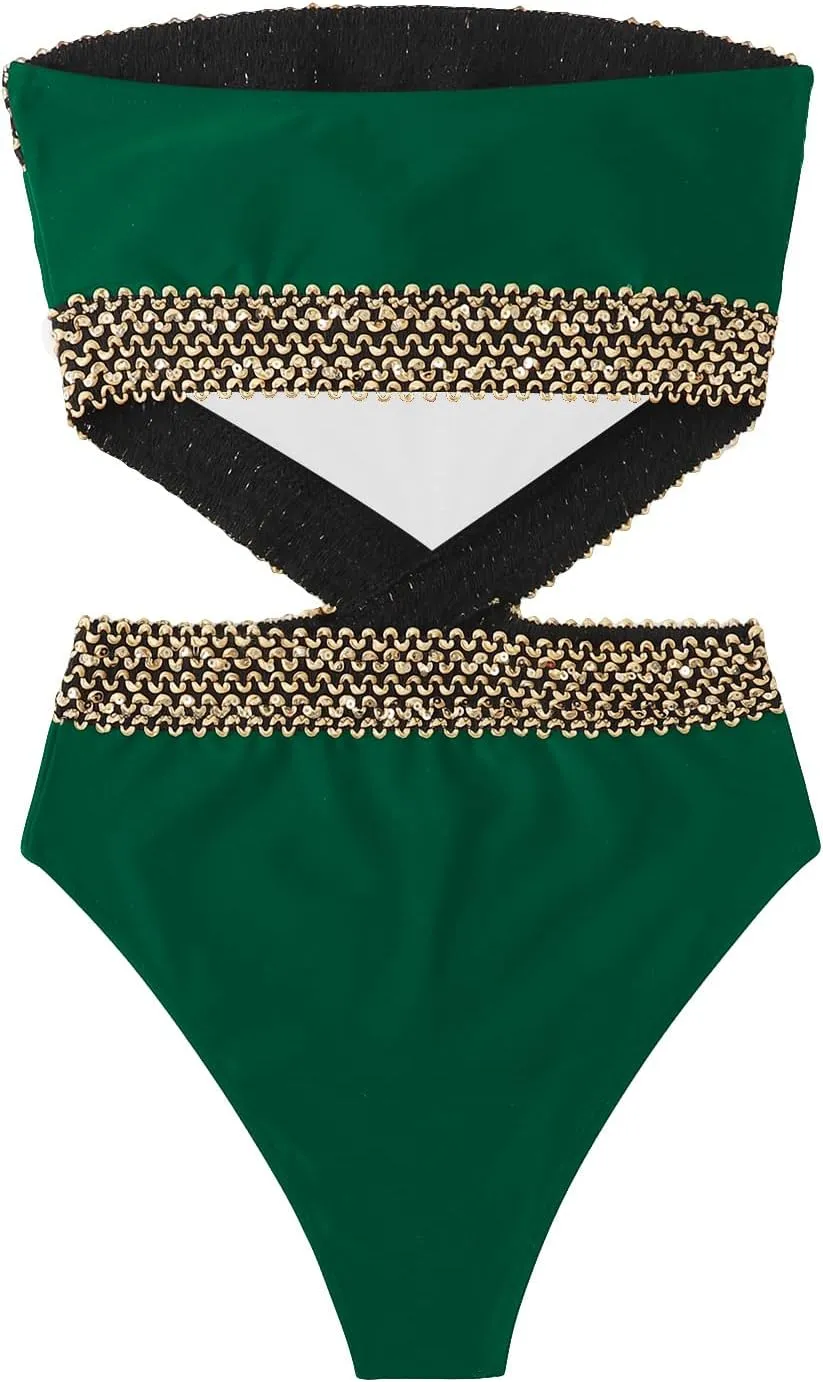Milumia Women's Stitch Detail Strapless One Piece Swimsuit Cut Out Bandeau Bathing Suit