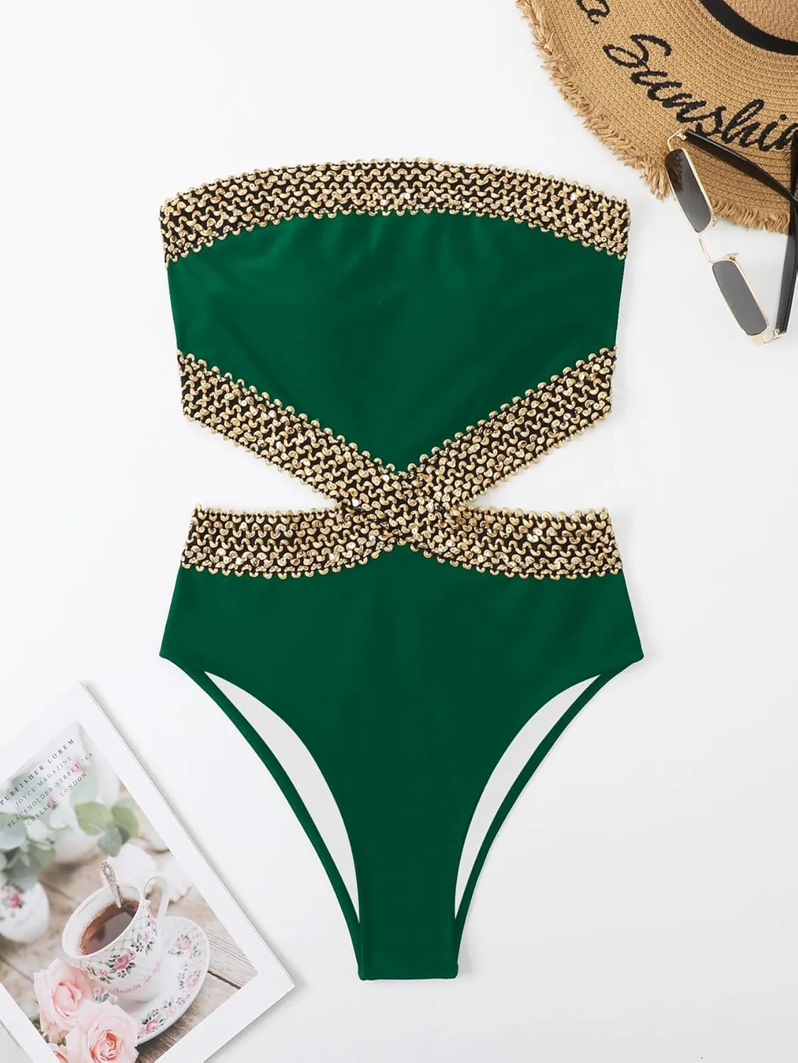 Milumia Women's Stitch Detail Strapless One Piece Swimsuit Cut Out Bandeau Bathing Suit