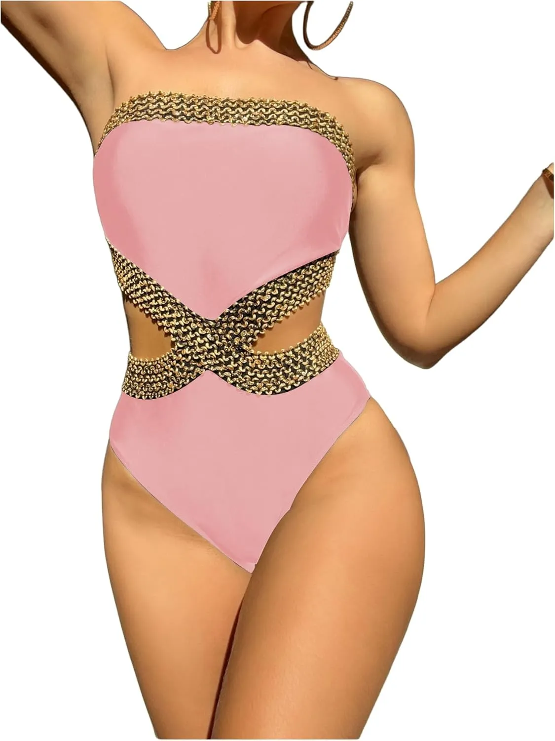 Milumia Women's Stitch Detail Strapless One Piece Swimsuit Cut Out Bandeau Bathing Suit