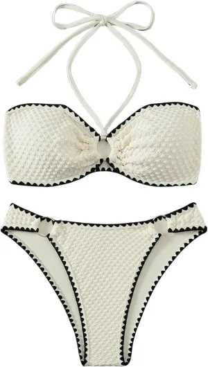 Milumia Women's Two Piece Bikini Set Contrast Binding Bandeau Halter Swimsuits