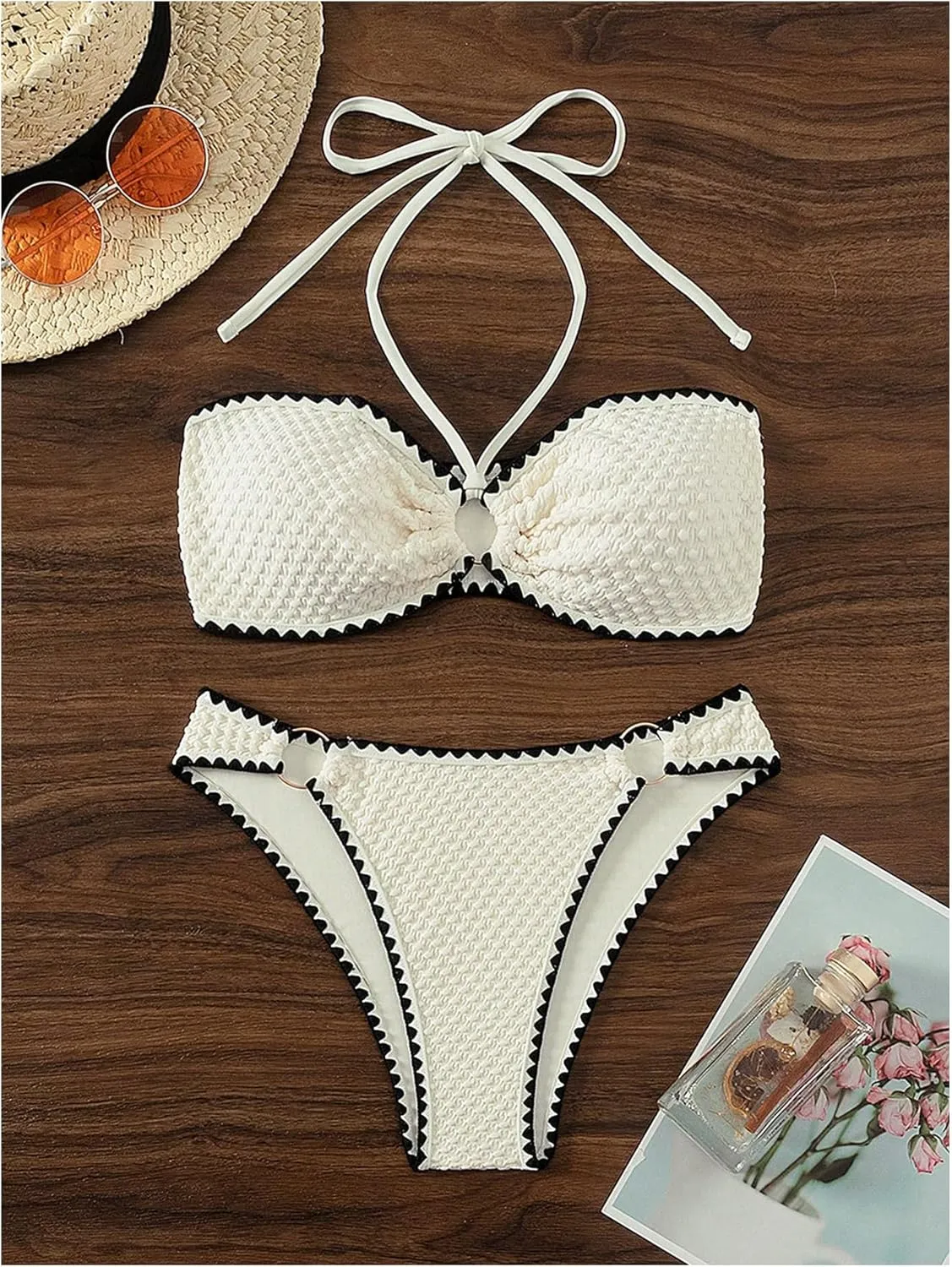 Milumia Women's Two Piece Bikini Set Contrast Binding Bandeau Halter Swimsuits