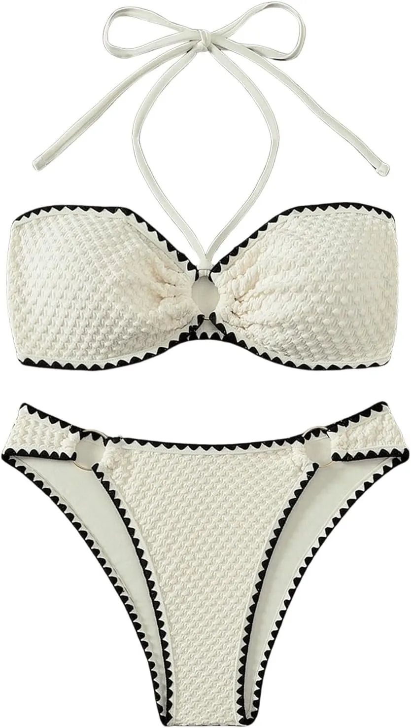 Milumia Women's Two Piece Bikini Set Contrast Binding Bandeau Halter Swimsuits