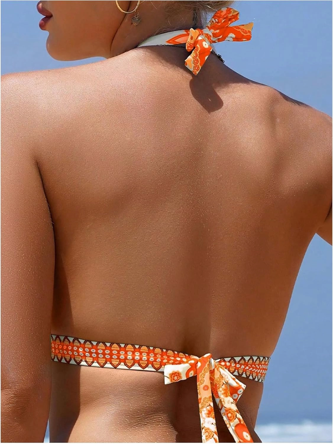 Milumia Women's Tropical Tie Back Halter Bikini Top Ring Linked Wireless Swimsuit Top