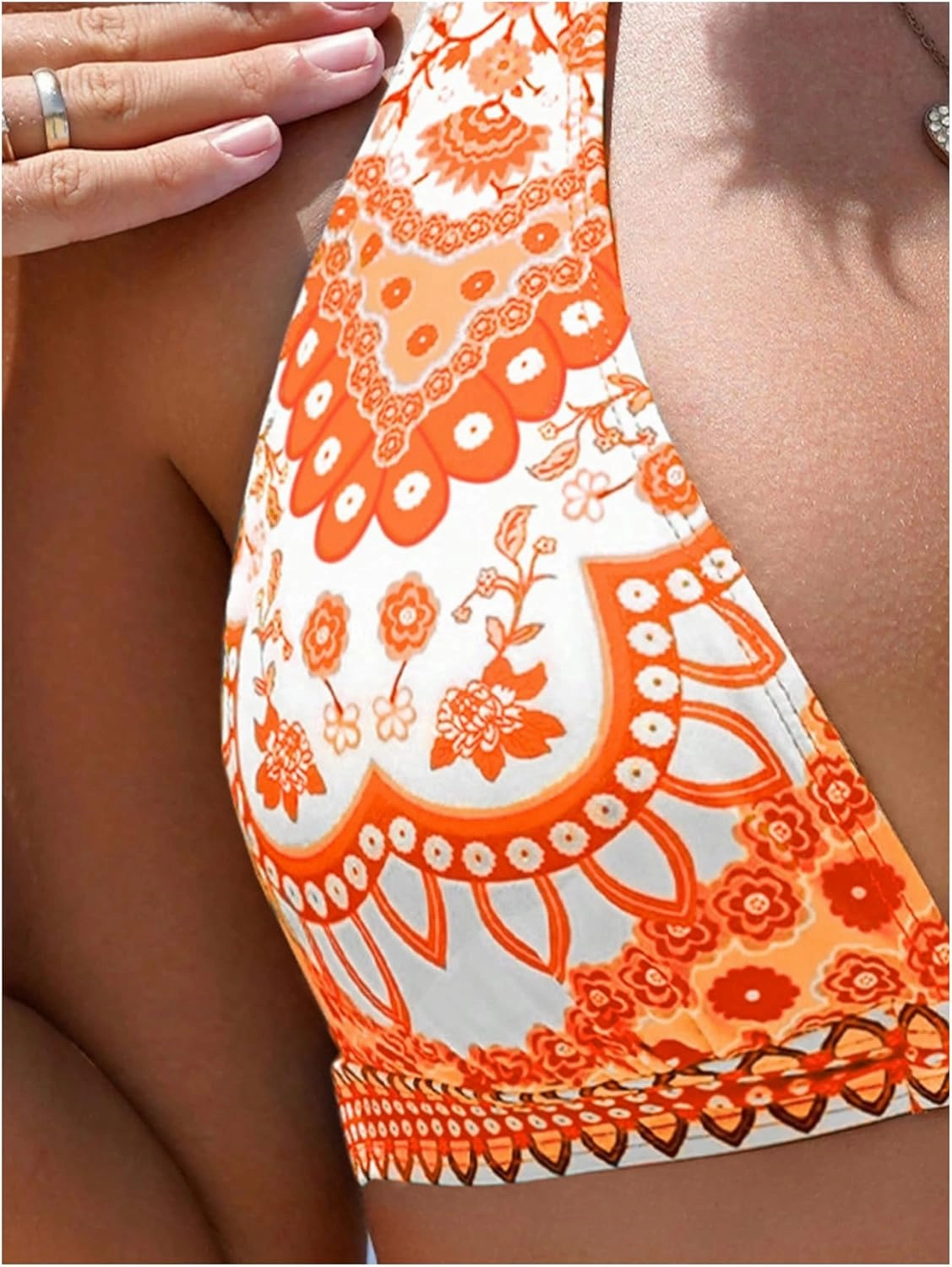 Milumia Women's Tropical Tie Back Halter Bikini Top Ring Linked Wireless Swimsuit Top
