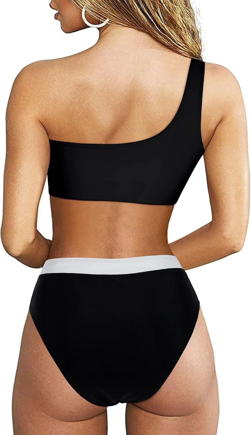 MOOSLOVER Women Cutout One Shoulder High Waisted Bikini High Cut Two Piece Swimsuits