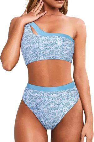 MOOSLOVER Women Cutout One Shoulder High Waisted Bikini High Cut Two Piece Swimsuits