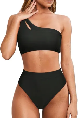 MOOSLOVER Women Cutout One Shoulder High Waisted Bikini High Cut Two Piece Swimsuits