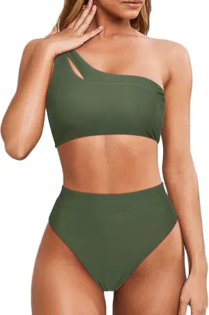 MOOSLOVER Women Cutout One Shoulder High Waisted Bikini High Cut Two Piece Swimsuits