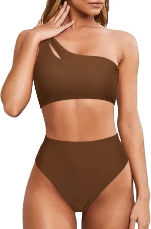 MOOSLOVER Women Cutout One Shoulder High Waisted Bikini High Cut Two Piece Swimsuits