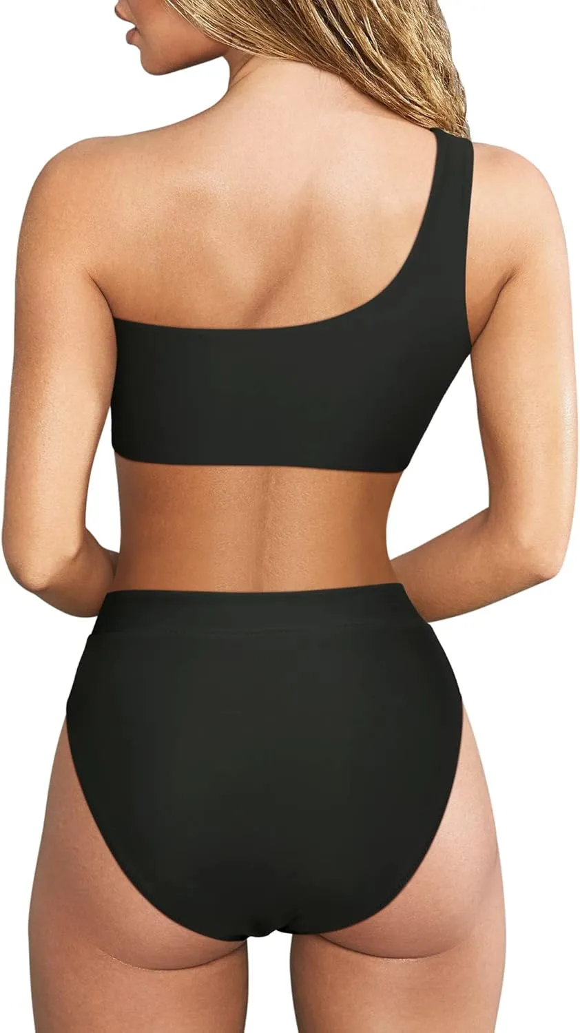 MOOSLOVER Women Cutout One Shoulder High Waisted Bikini High Cut Two Piece Swimsuits