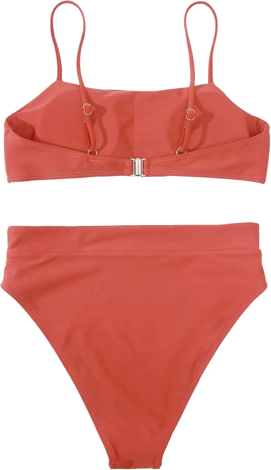 MOSHENGQI Women High Wasited Bikini Shoulder Strap 2 Piece High Cut String Swimsuits