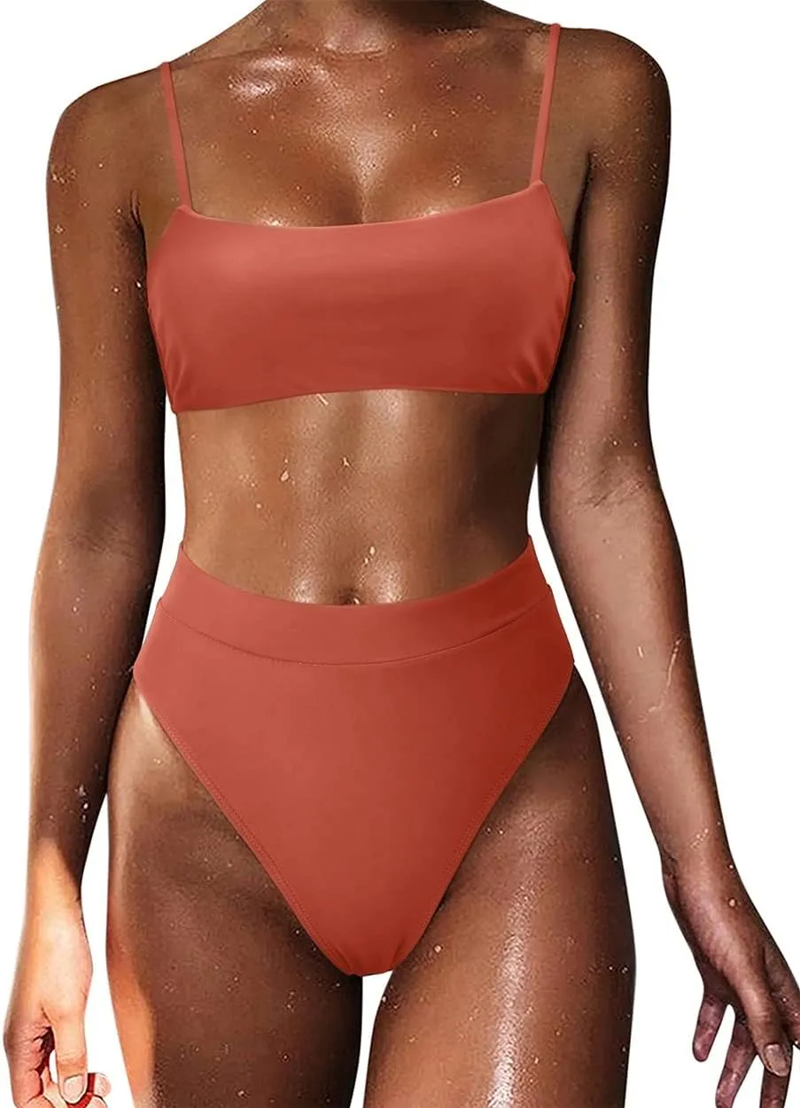 MOSHENGQI Women High Wasited Bikini Shoulder Strap 2 Piece High Cut String Swimsuits