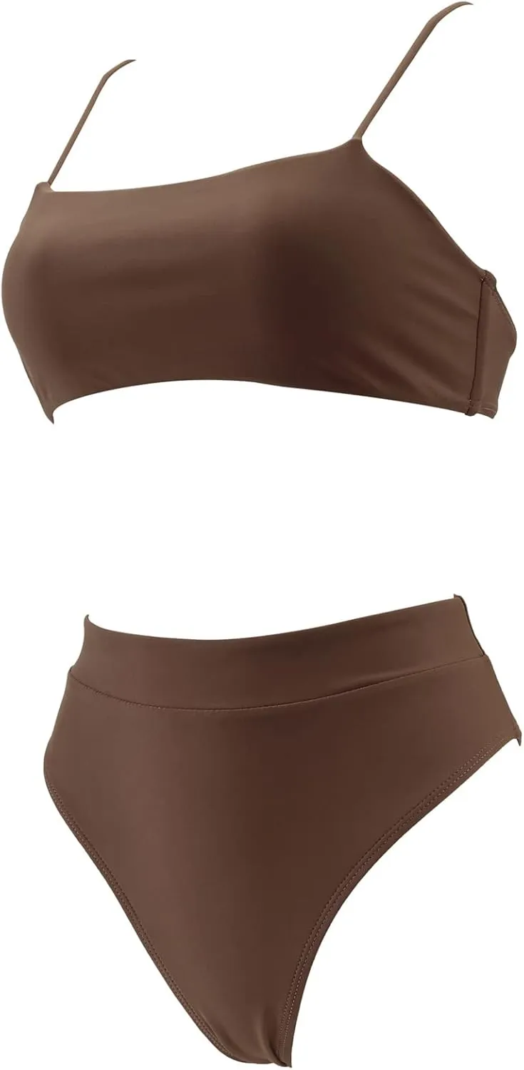 MOSHENGQI Women High Wasited Bikini Shoulder Strap 2 Piece High Cut String Swimsuits