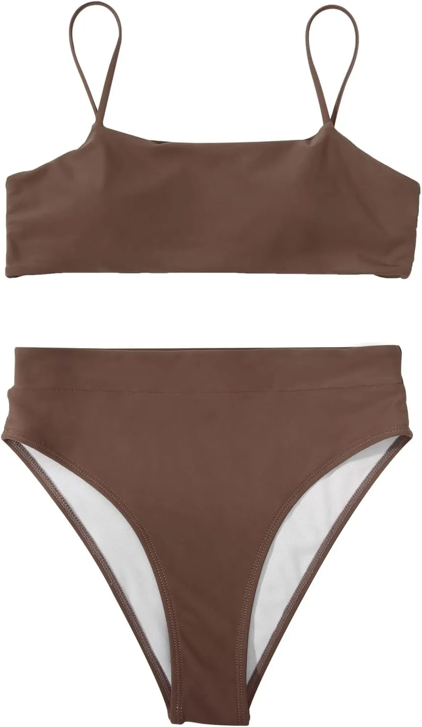 MOSHENGQI Women High Wasited Bikini Shoulder Strap 2 Piece High Cut String Swimsuits