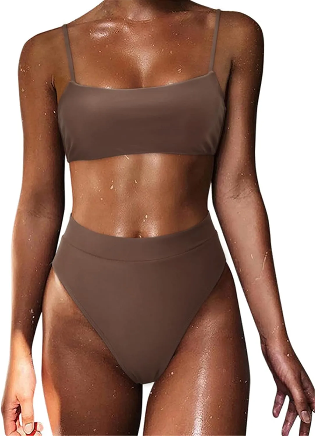 MOSHENGQI Women High Wasited Bikini Shoulder Strap 2 Piece High Cut String Swimsuits