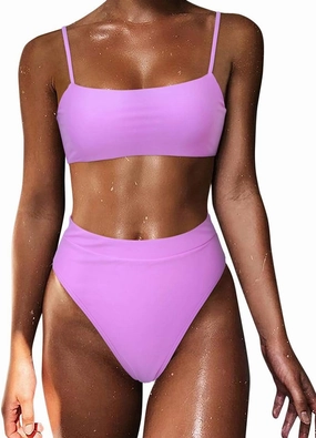 MOSHENGQI Women High Wasited Bikini Shoulder Strap 2 Piece High Cut String Swimsuits