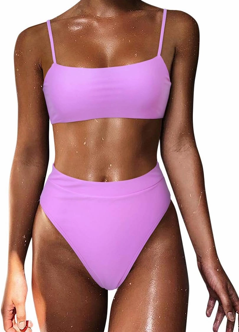 MOSHENGQI Women High Wasited Bikini Shoulder Strap 2 Piece High Cut String Swimsuits