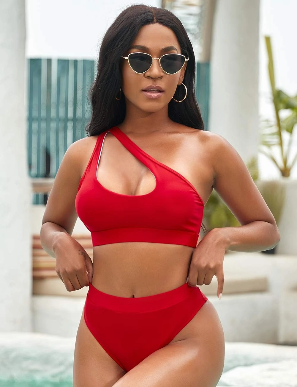 NAFLEAP One Shoulder Cutout Bikini Set for Women High Waisted Bottom Swimsuit Two Piece Bathing Suit