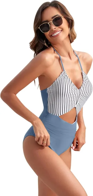 Narecte Womens One Piece Swimsuits Tummy Control Sexy Halter Cutout Bathing Suit Backless Wrap Tie Back Swimwear