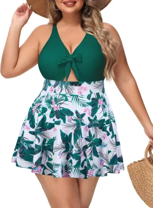 NIeyook Womens Plus Size One Piece Swimsuit with Skirt V Neck Cutout Flowy Swim Dress Tummy Control Bathing Suit
