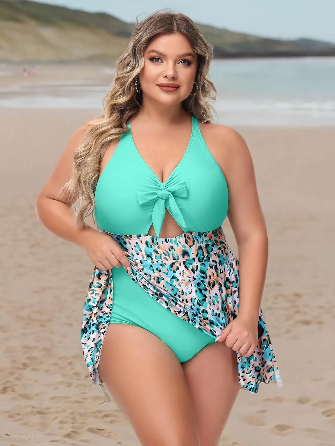 NIeyook Womens Plus Size One Piece Swimsuit with Skirt V Neck Cutout Flowy Swim Dress Tummy Control Bathing Suit