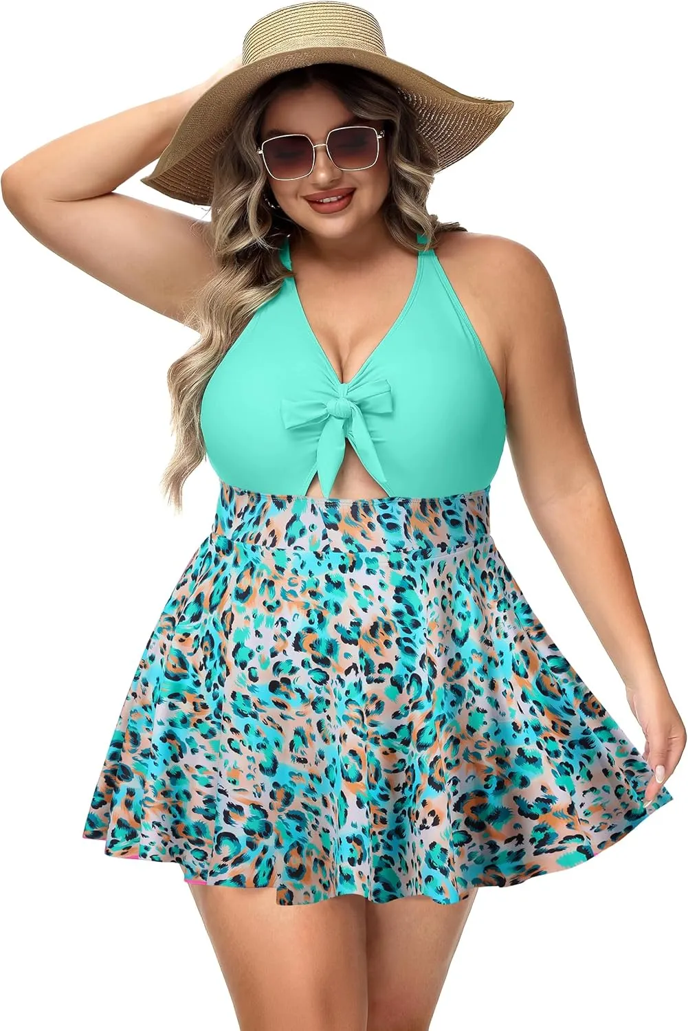 NIeyook Womens Plus Size One Piece Swimsuit with Skirt V Neck Cutout Flowy Swim Dress Tummy Control Bathing Suit