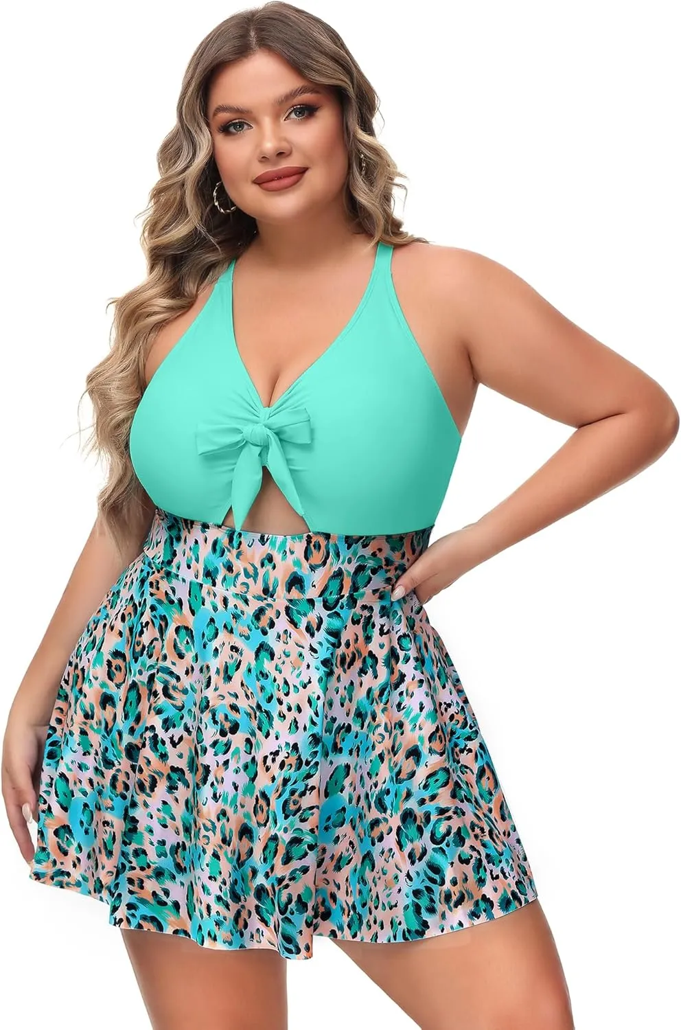 NIeyook Womens Plus Size One Piece Swimsuit with Skirt V Neck Cutout Flowy Swim Dress Tummy Control Bathing Suit
