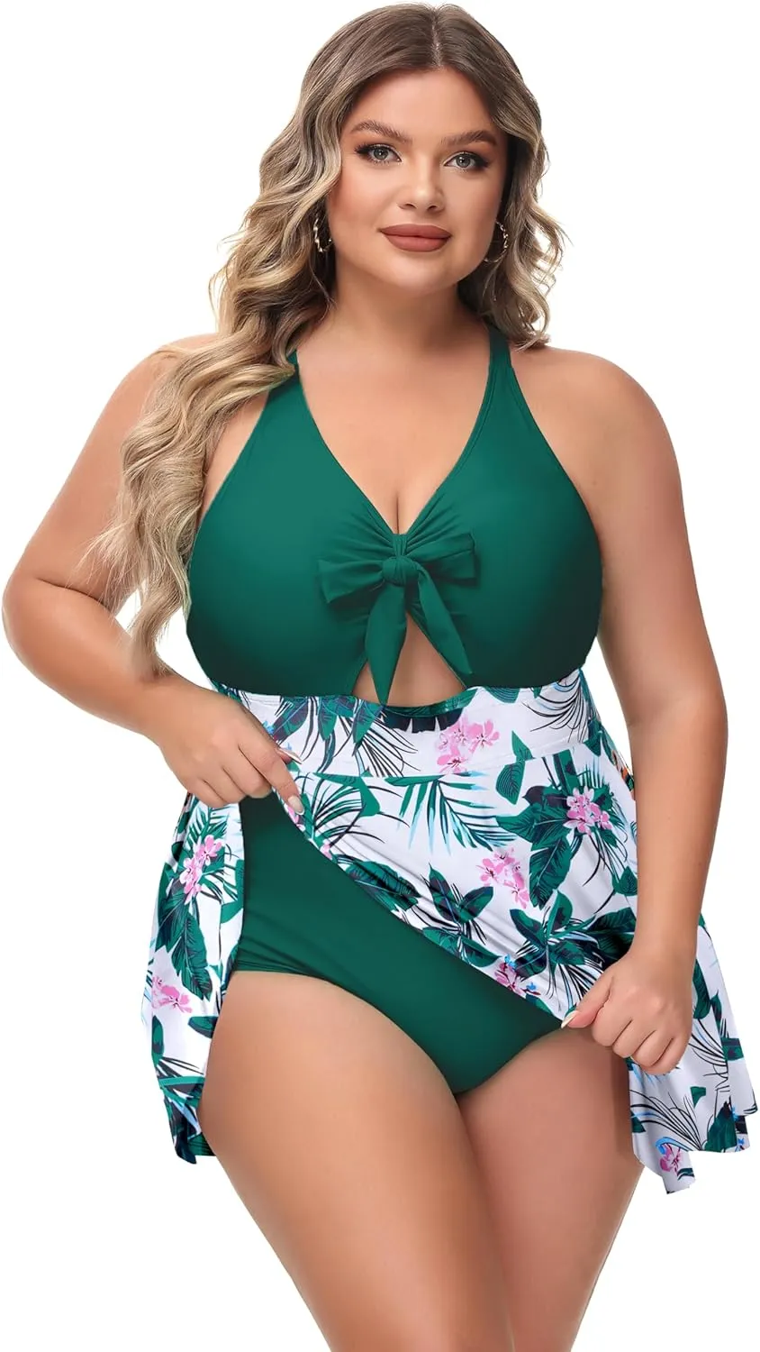 NIeyook Womens Plus Size One Piece Swimsuit with Skirt V Neck Cutout Flowy Swim Dress Tummy Control Bathing Suit