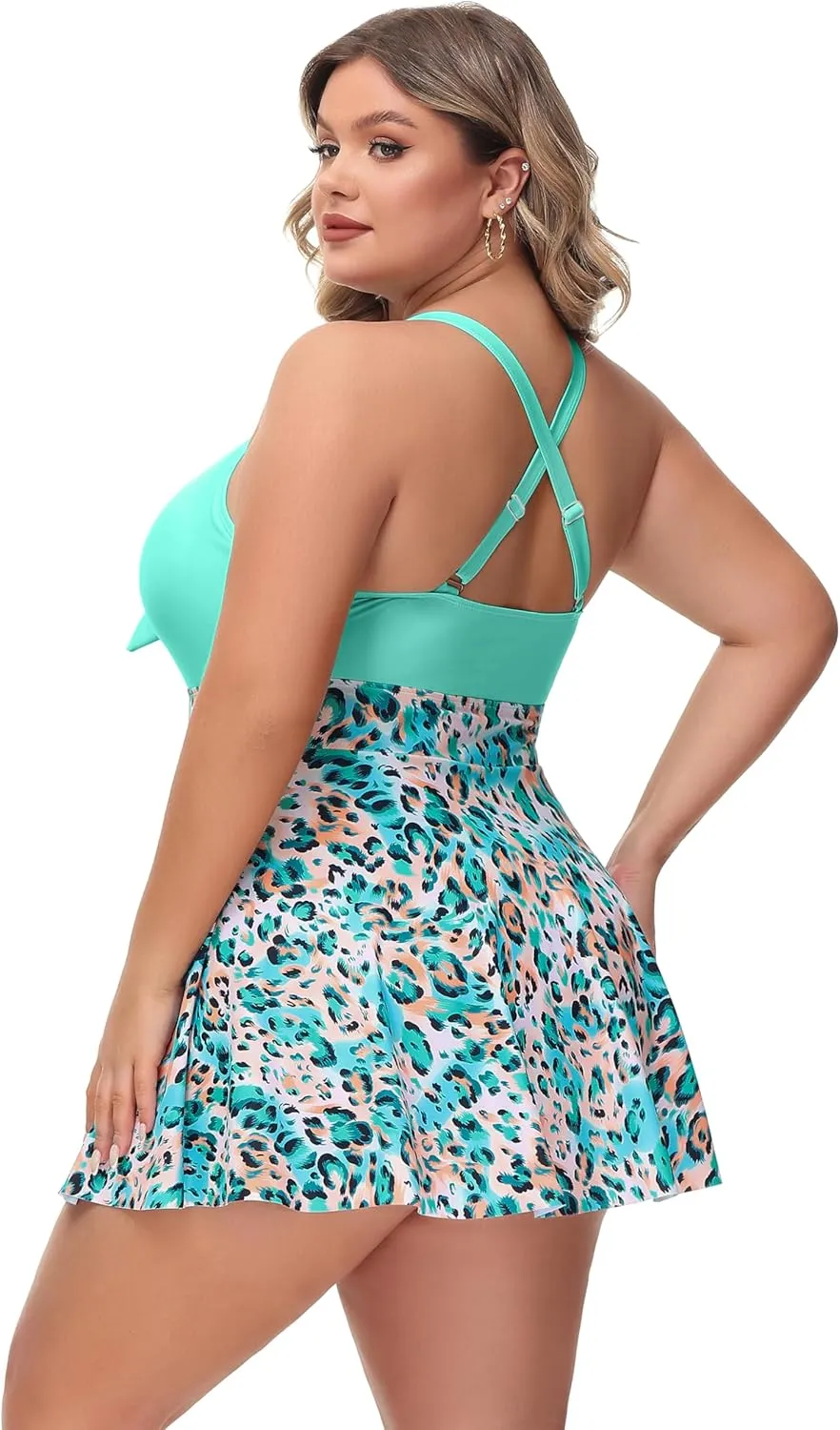 NIeyook Womens Plus Size One Piece Swimsuit with Skirt V Neck Cutout Flowy Swim Dress Tummy Control Bathing Suit