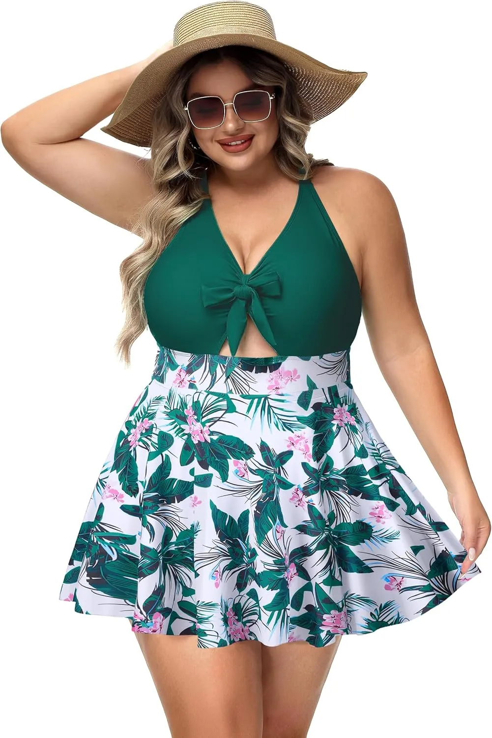NIeyook Womens Plus Size One Piece Swimsuit with Skirt V Neck Cutout Flowy Swim Dress Tummy Control Bathing Suit