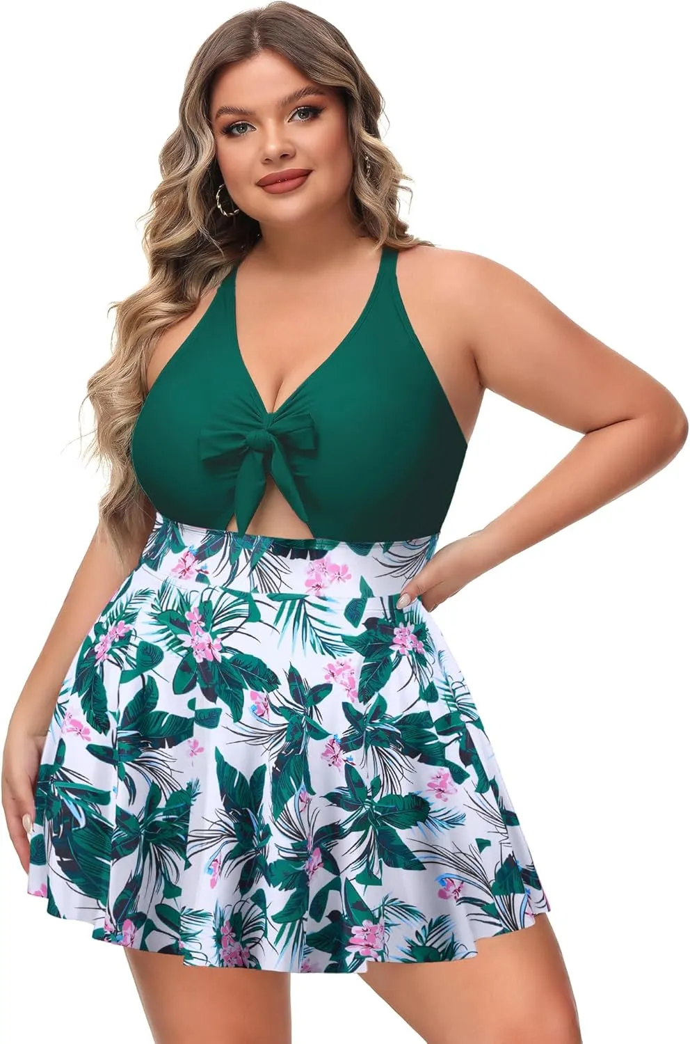 NIeyook Womens Plus Size One Piece Swimsuit with Skirt V Neck Cutout Flowy Swim Dress Tummy Control Bathing Suit