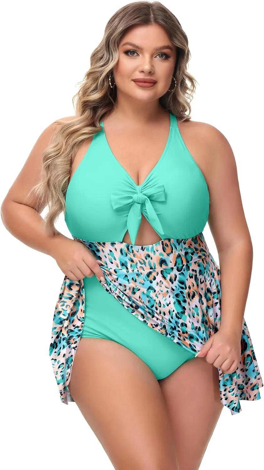 NIeyook Womens Plus Size One Piece Swimsuit with Skirt V Neck Cutout Flowy Swim Dress Tummy Control Bathing Suit