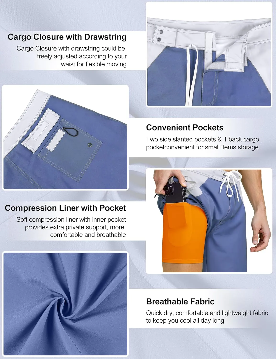 Nonwe Men's Swim Trunks with Compression Liner 2 in 1 Fast Dry Bathing Suits Cargo Surf Board Shorts with Pockets