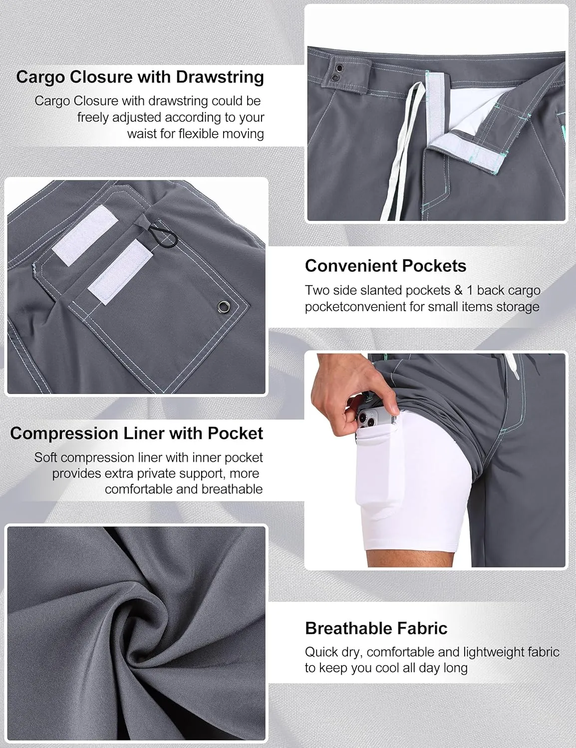 Nonwe Men's Swim Trunks with Compression Liner 2 in 1 Fast Dry Bathing Suits Cargo Surf Board Shorts with Pockets