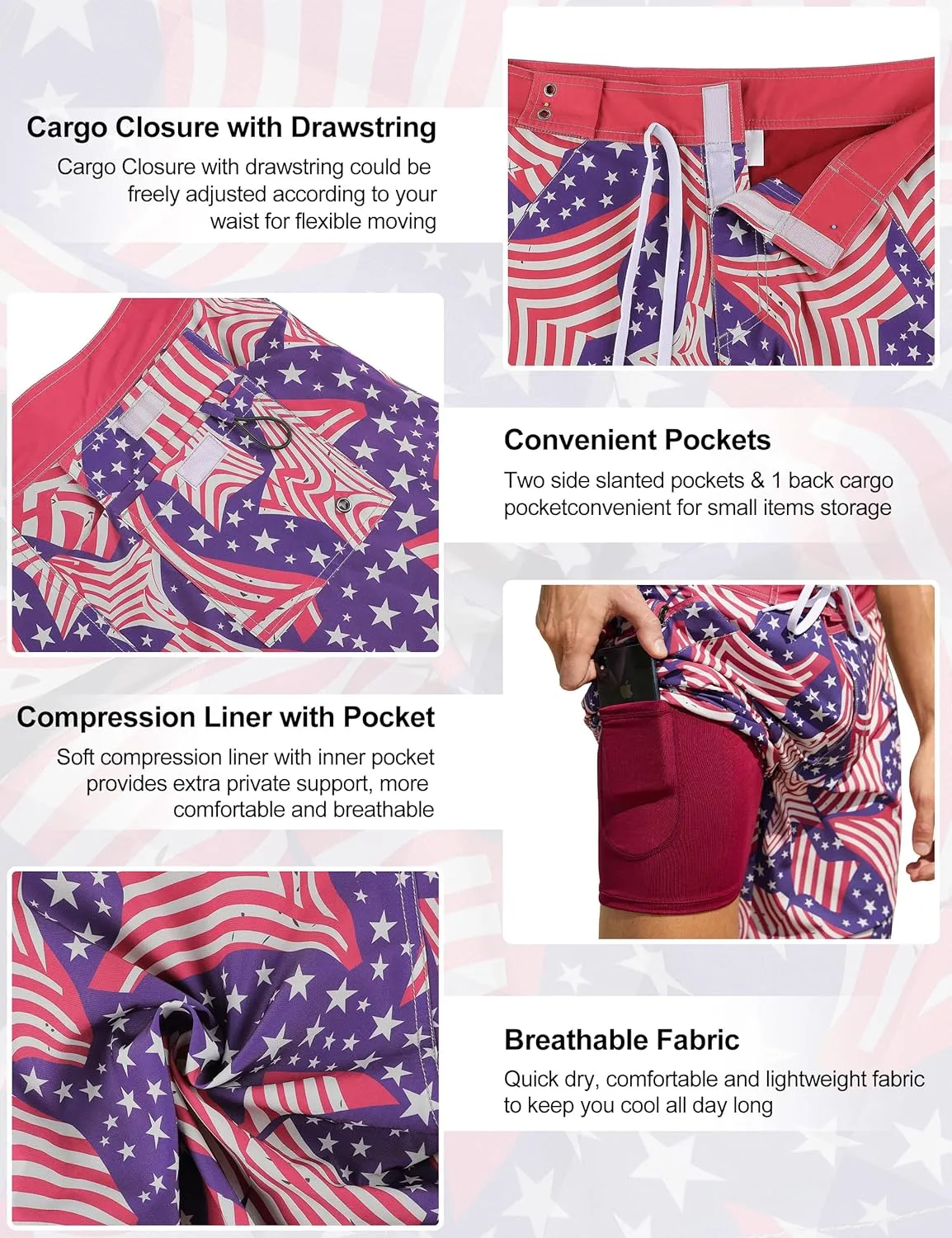 Nonwe Men's Swim Trunks with Compression Liner 2 in 1 Fast Dry Bathing Suits Cargo Surf Board Shorts with Pockets