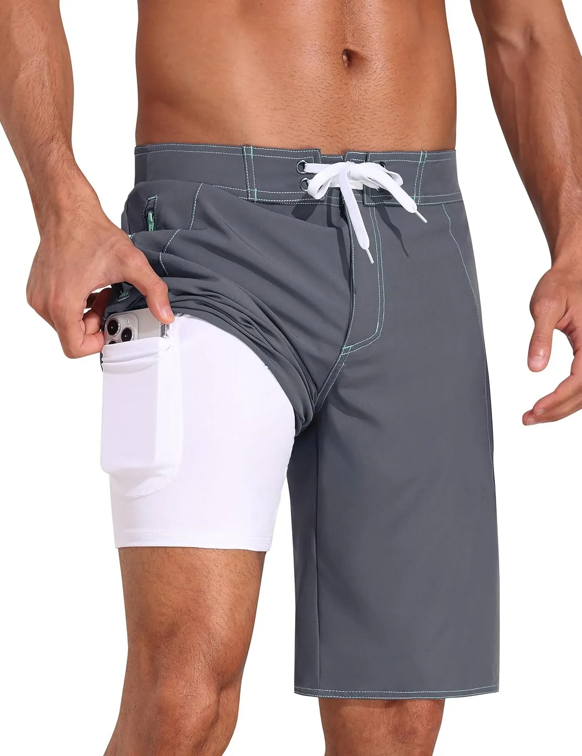 Nonwe Men's Swim Trunks with Compression Liner 2 in 1 Fast Dry Bathing Suits Cargo Surf Board Shorts with Pockets