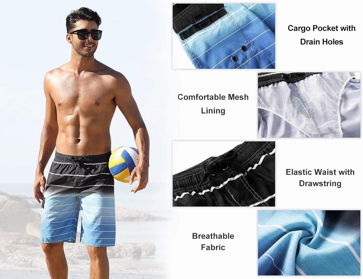 Nonwe Men's Beachwear Summer Holiday Swim Trunks Quick Dry Striped