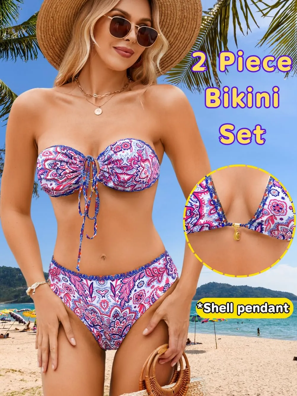 O-Ring Tie-Front Bandeau Bikini Sets for Women,Shell Ruched Top&Mid-Rise Bottom Boho Two Piece