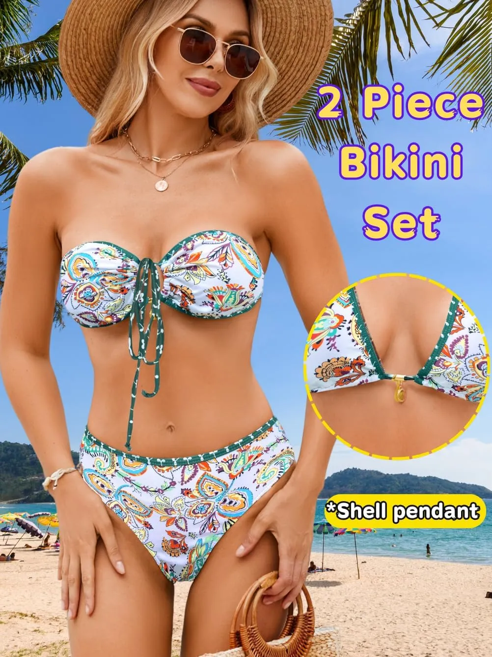 O-Ring Tie-Front Bandeau Bikini Sets for Women,Shell Ruched Top&Mid-Rise Bottom Boho Two Piece